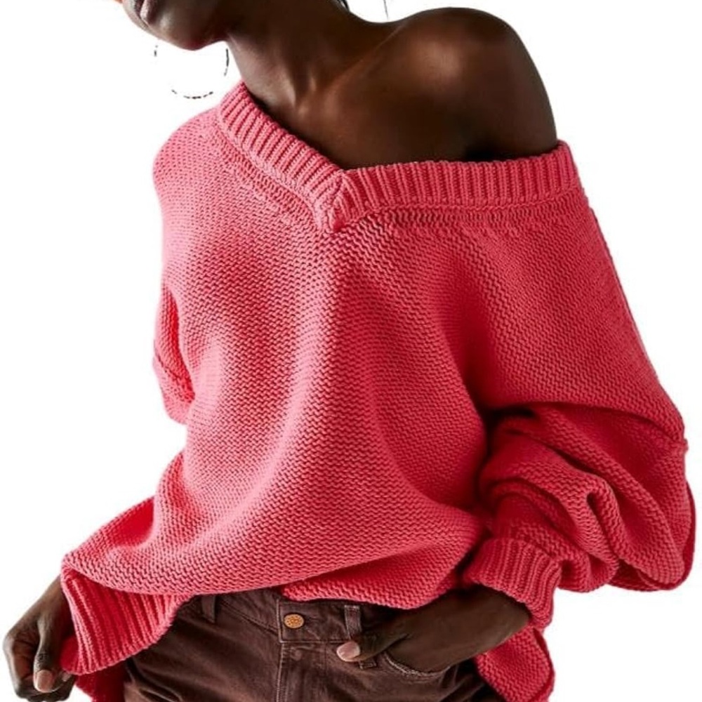 NWOT FREE PEOPLE Alli V Neck Chunky Sweater Strawberry Spritz SZ: M